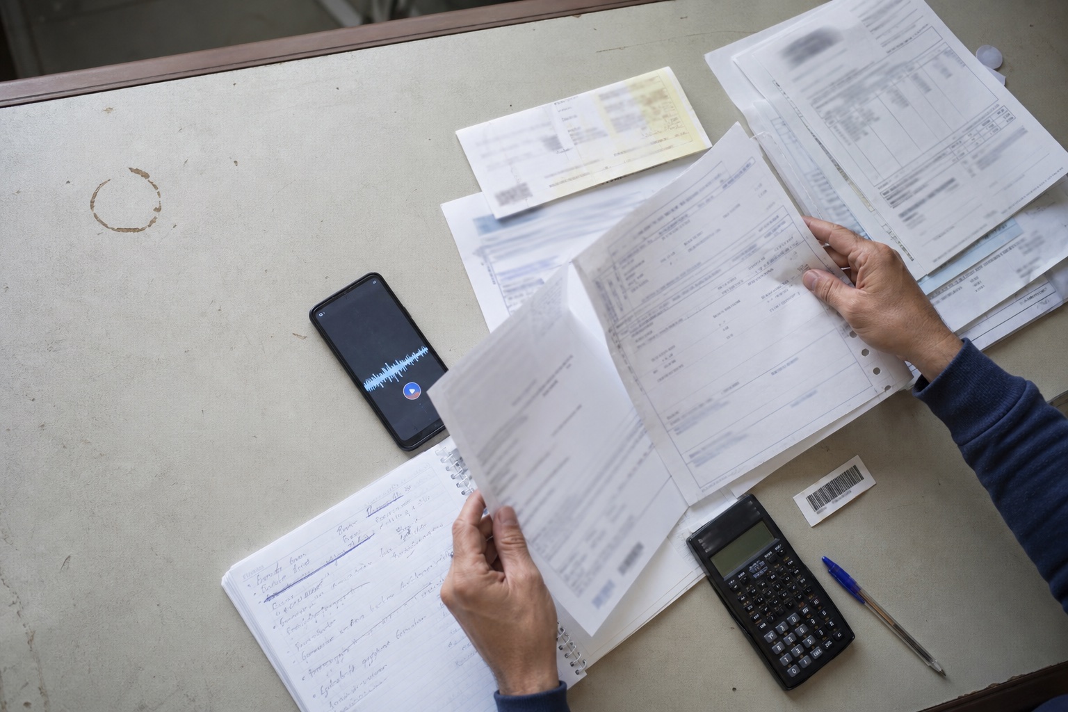 Facturas y notas de entrega desordenadas junto a un audio y una calculadora